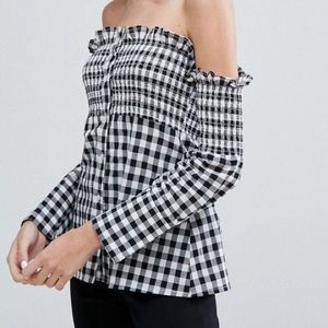 Neon rose gingham off shoulder top